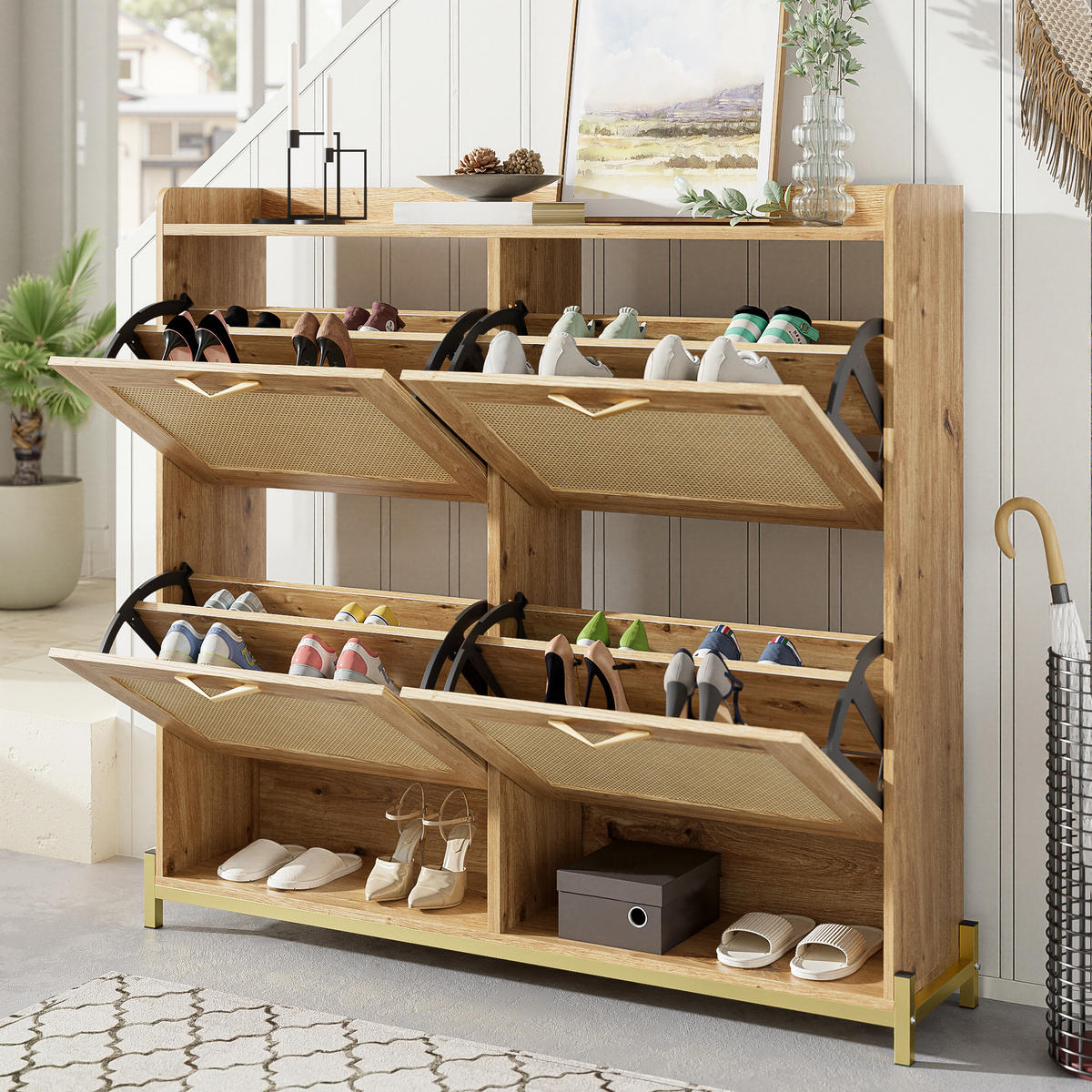 SCHUHSCHRANK aus Holz mit Rattantüren - Hellbraun, Holzwerkstoff (24/100/108.5cm) - Urban Meuble