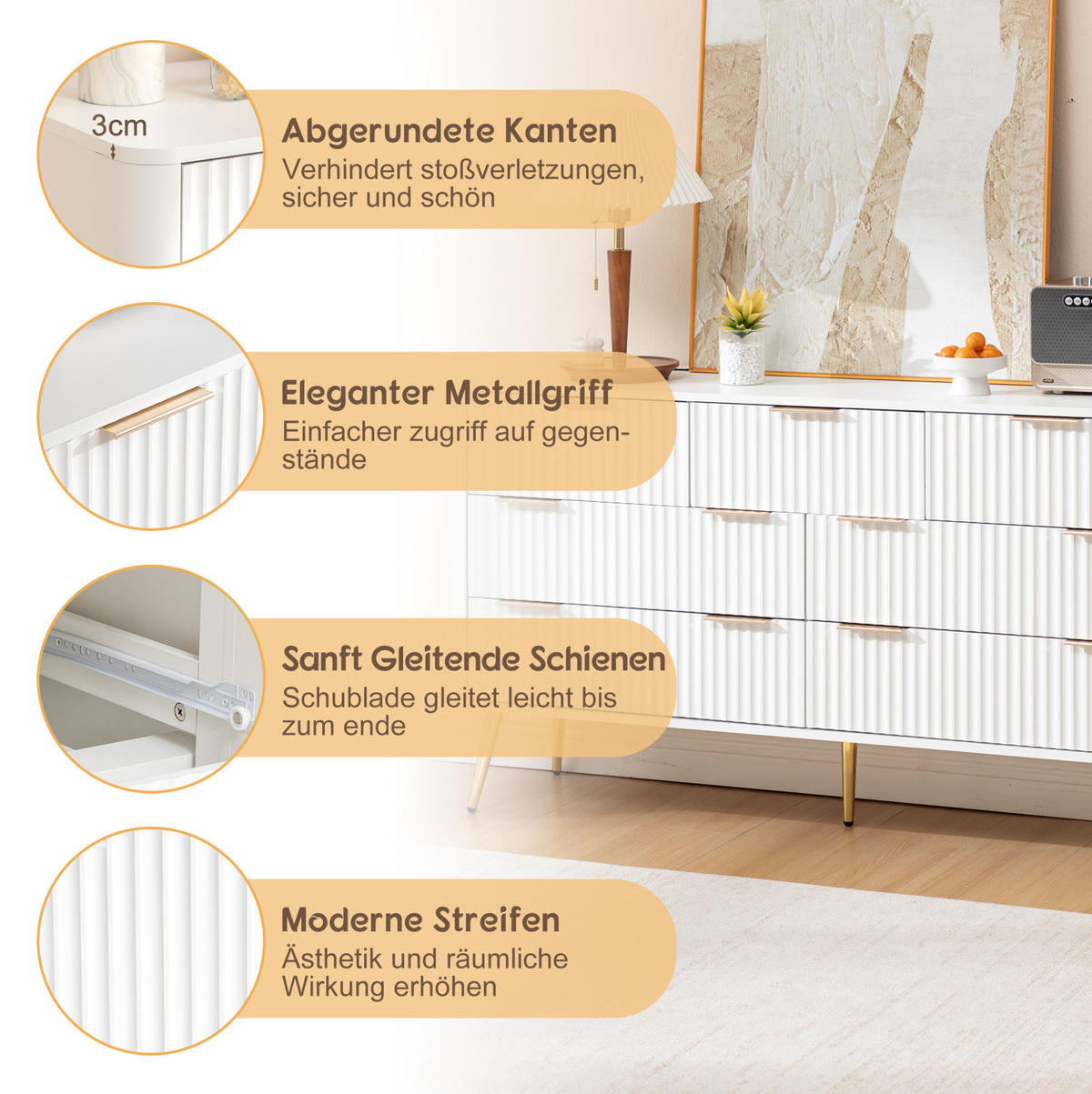 KOMMODE in Weiß 145x40x80 cm mit 7 Schubladen, Soft-Close-Funktion und Kippsicherung - Weiß, Holzwerkstoff (40/80/145cm) - IVMEU