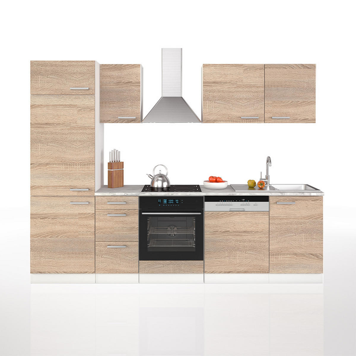 KÜCHENZEILE Optima Sonoma 270 cm ohne AP mit LED-Leisten - Weiß/Sonoma Eiche, Holzwerkstoff (270/81.6/46cm) - Vicco