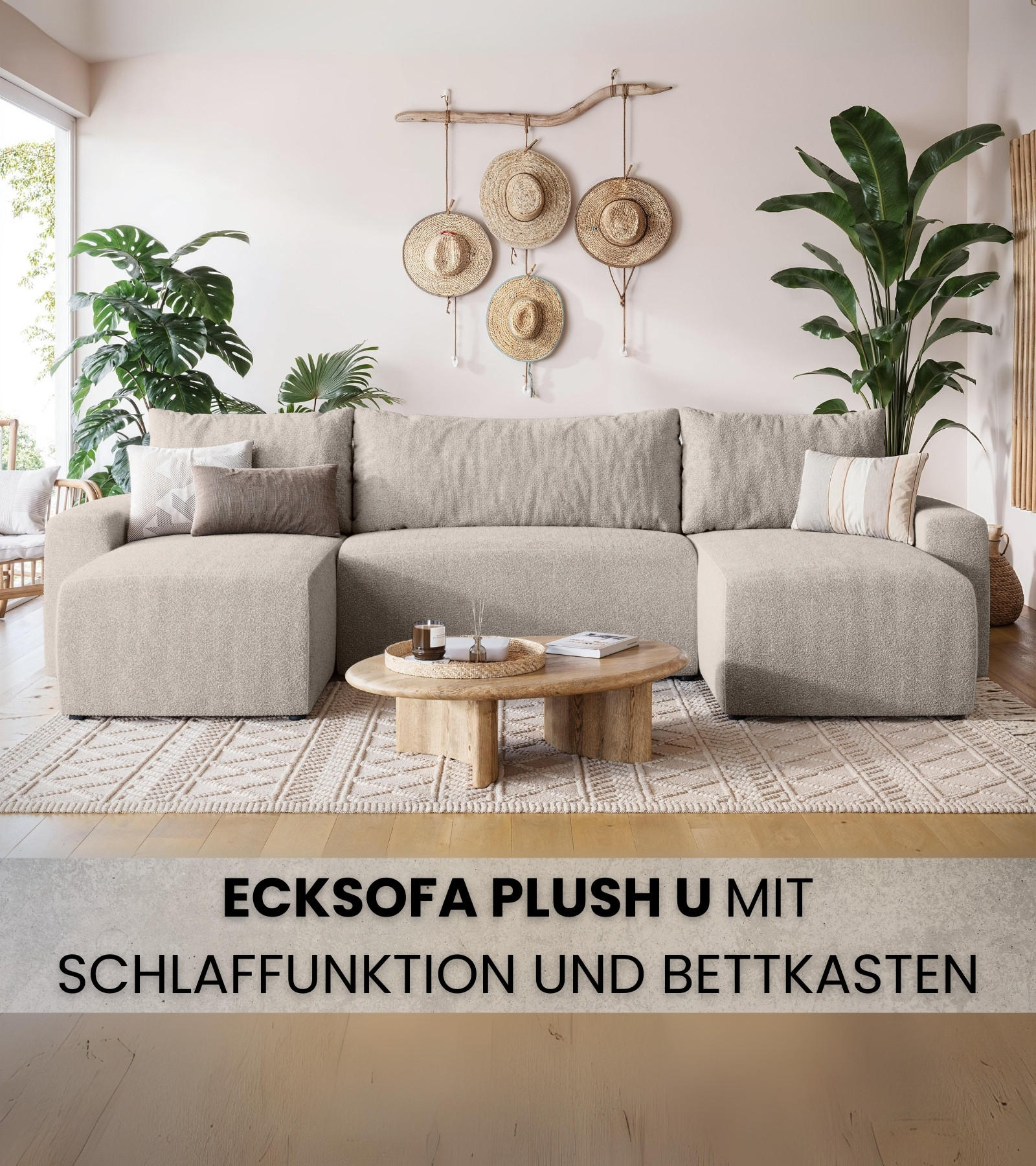 WOHNLANDSCHAFT Plush mit Schlaffunktion Ecru Boucle - Ecru, Kunststoff/Textil (315/72/145cm) - Bromarkt