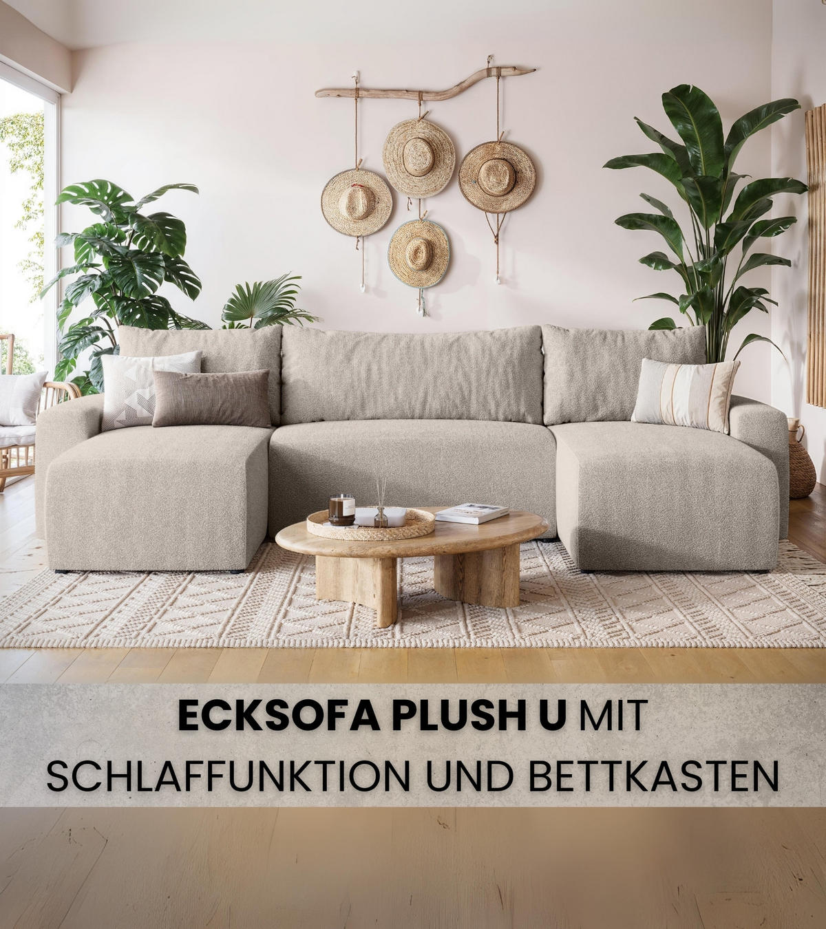 WOHNLANDSCHAFT Plush mit Schlaffunktion Ecru Boucle - Ecru, Kunststoff/Textil (315/72/145cm) - Bromarkt