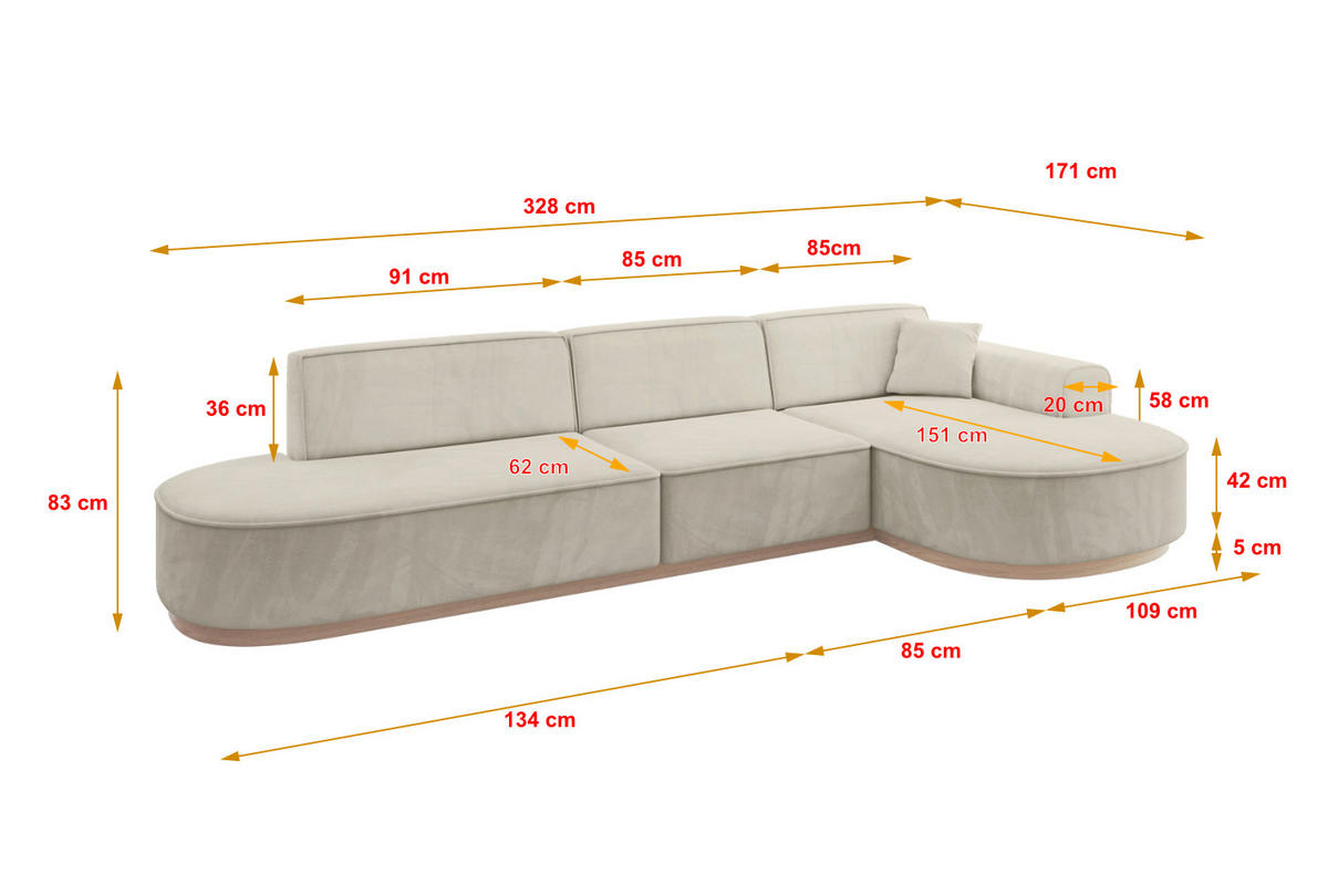 ECKSOFA Ottomane Rechts MARI-L2-v1 - 328x171x83 cm Ecru Velours - Ecru, Holzwerkstoff/Textil (171/328cm) - ALTDECOR