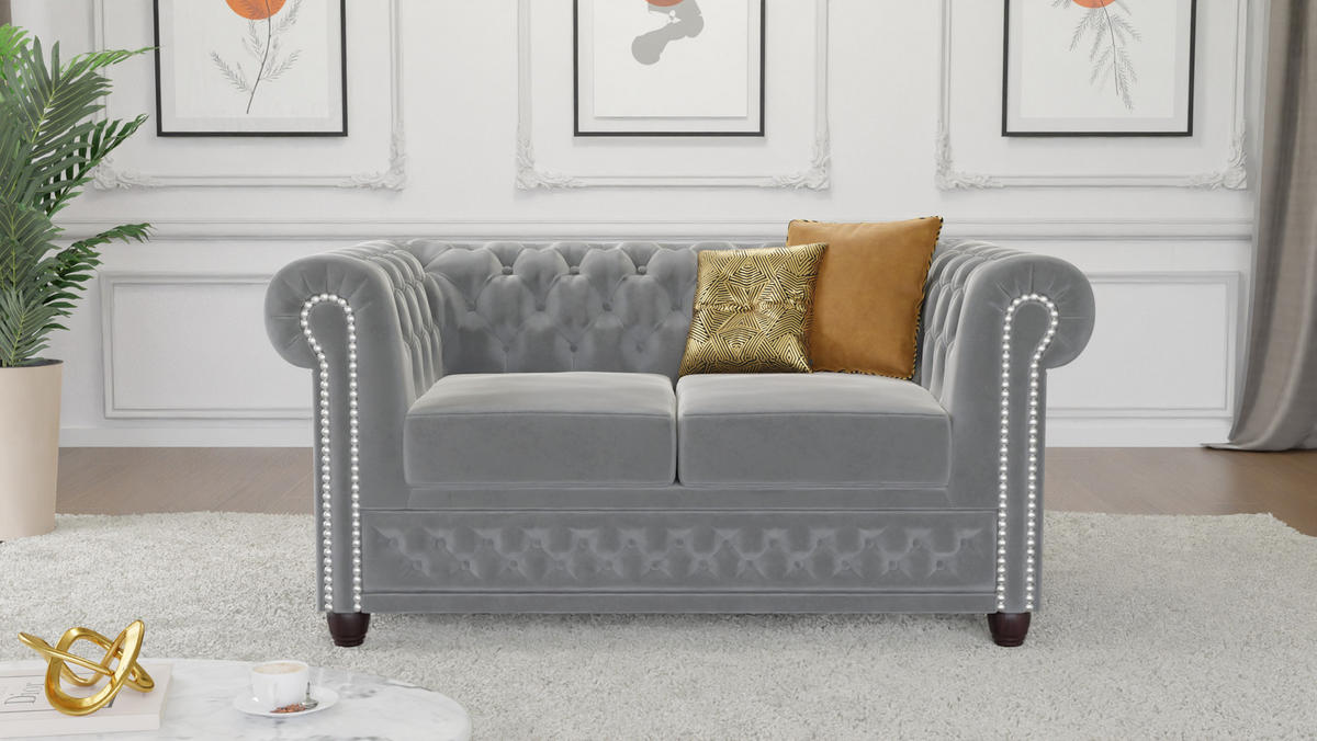 CHESTERFIELD-SOFA 2-sitzer mit Schlaffunktion Nyx Grau Samt - Braun/Grau, Holz/Textil (148/72/86cm) - S-Style Möbel