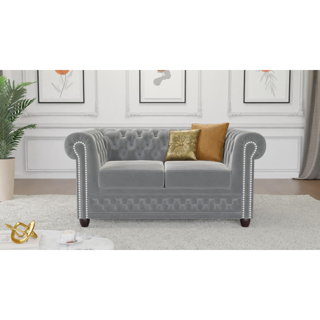 Thumbnail - S-Style Möbel Chesterfield-Sofa, Grau, Textil, Echtholz,Birke, 2-Sitzer, Füllung: Polyetherschaumkern,Silikon,Komfortsch...
