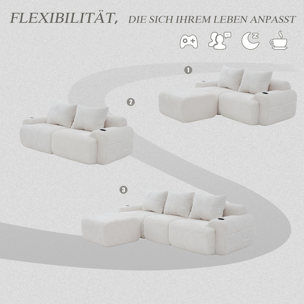 MODULARES 3-Sitzer Sofa Cordstoff mit Getränkehalter und Seitentasche 268/174/80 cm Beige - Beige, Textil (174/268cm) - Redom