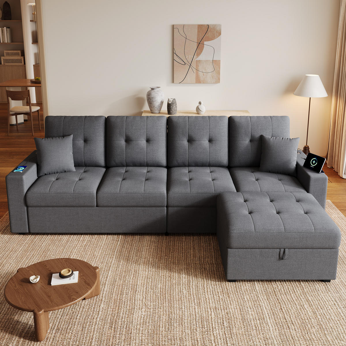 ECKSOFA mit Stauraum Hocker LED USB Type-C 500 kg - Grau, Textil (253/144.5cm) - EVRYAE