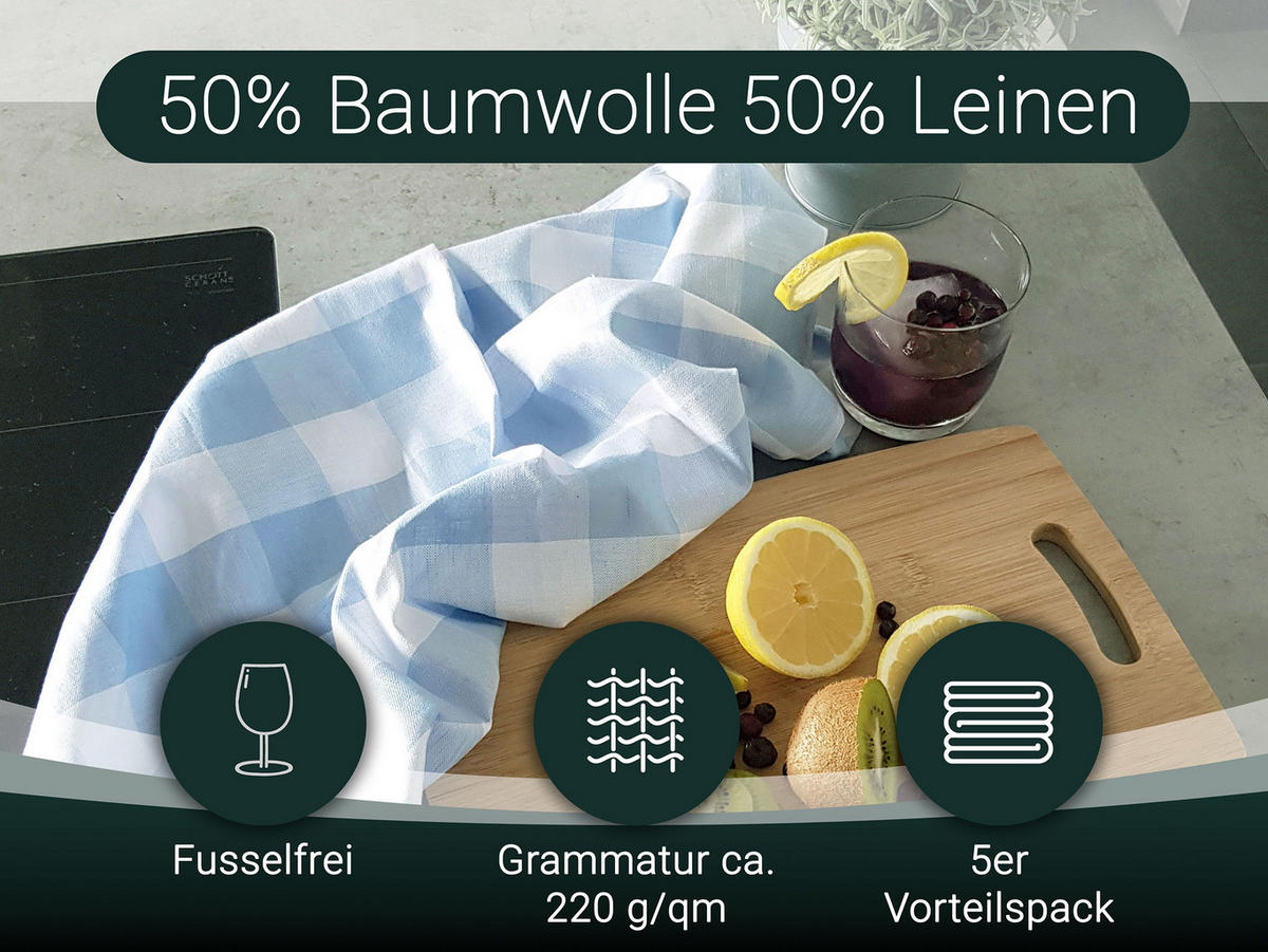 GESCHIRRTÜCHER, 5er-Set, 50x70 cm, 50% Baumwolle, 50% Leinen, Blau - Hellblau, Textil (50/70cm) - Zollner