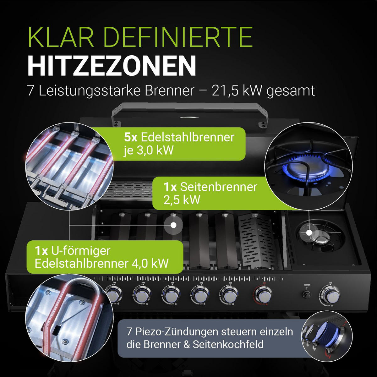 GASGRILL Tennessee Schwarz 6+1 - Schwarz, Metall (145/117/55cm) - Juskys