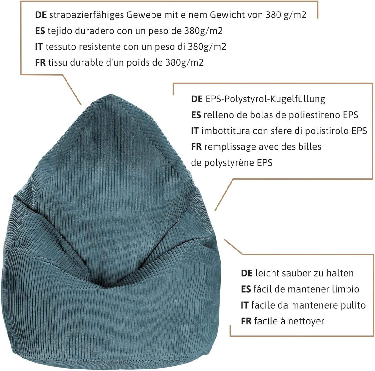 SITZSACK MIT FUßSTÜTZE Kordsamt 2-tlg Ocean Depths M - Blau, Textil (80/120/80cm) - Dreamroots