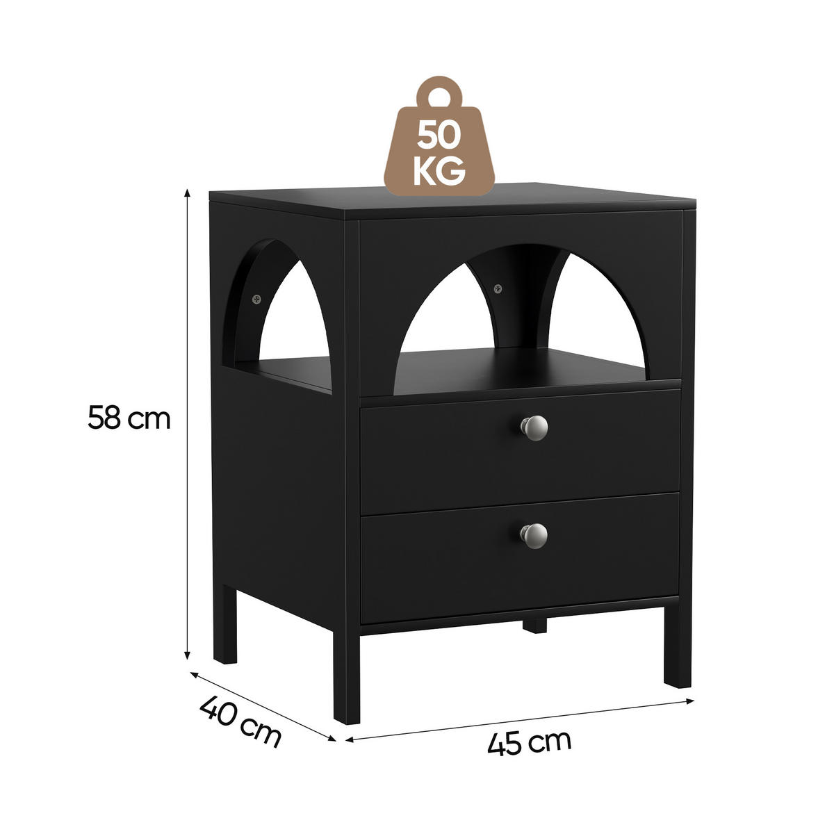 NACHTTISCH Schwarz 45 cm – Nachtkonsole mit 2 Schubladen & offenem Fach - Schwarz, Holzwerkstoff (45/58/40cm) - Urban Meuble