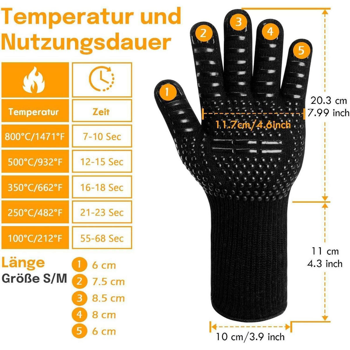 GRILLHANDSCHUHE Hitzebeständig bis 800°C Gold - Schwarz, Textil (15/3/32cm)
