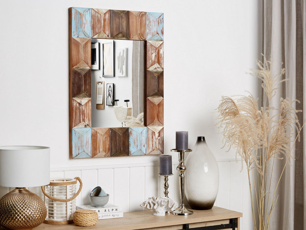 WANDSPIEGEL Holz bunt rechteckig 63/90 cm Hizote - Blau/Hellbraun, Holz (63/90/7cm) - Beliani