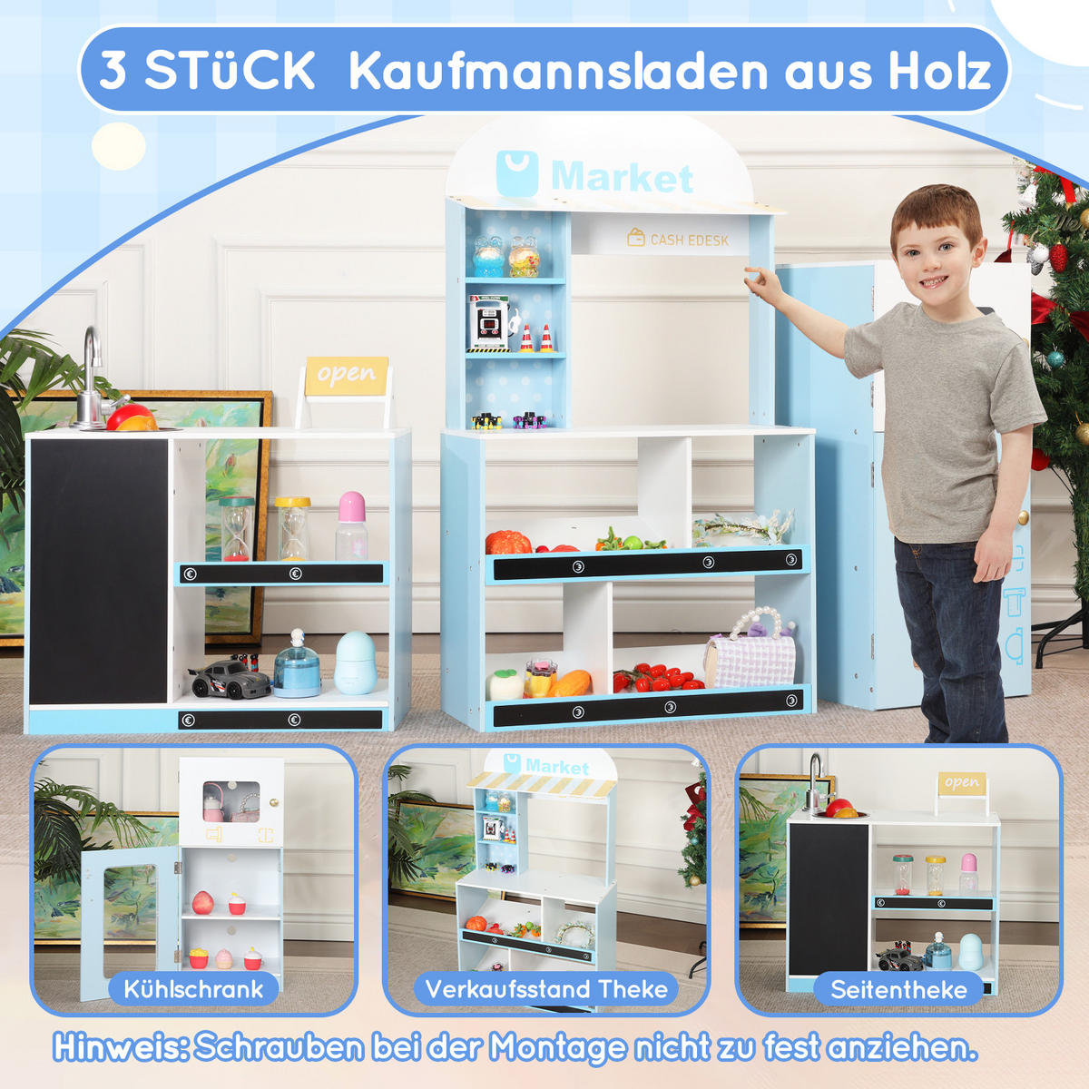 KINDER Kaufladen Spielset Blau – mit Regal, Kühlschrank, Kreidetafel & Zubehör, Holz/Kunststoff, Lernspielzeug ab 3 Jahren - Blau, Holzwerkstoff (155/30/107.5cm) - Ej. Life