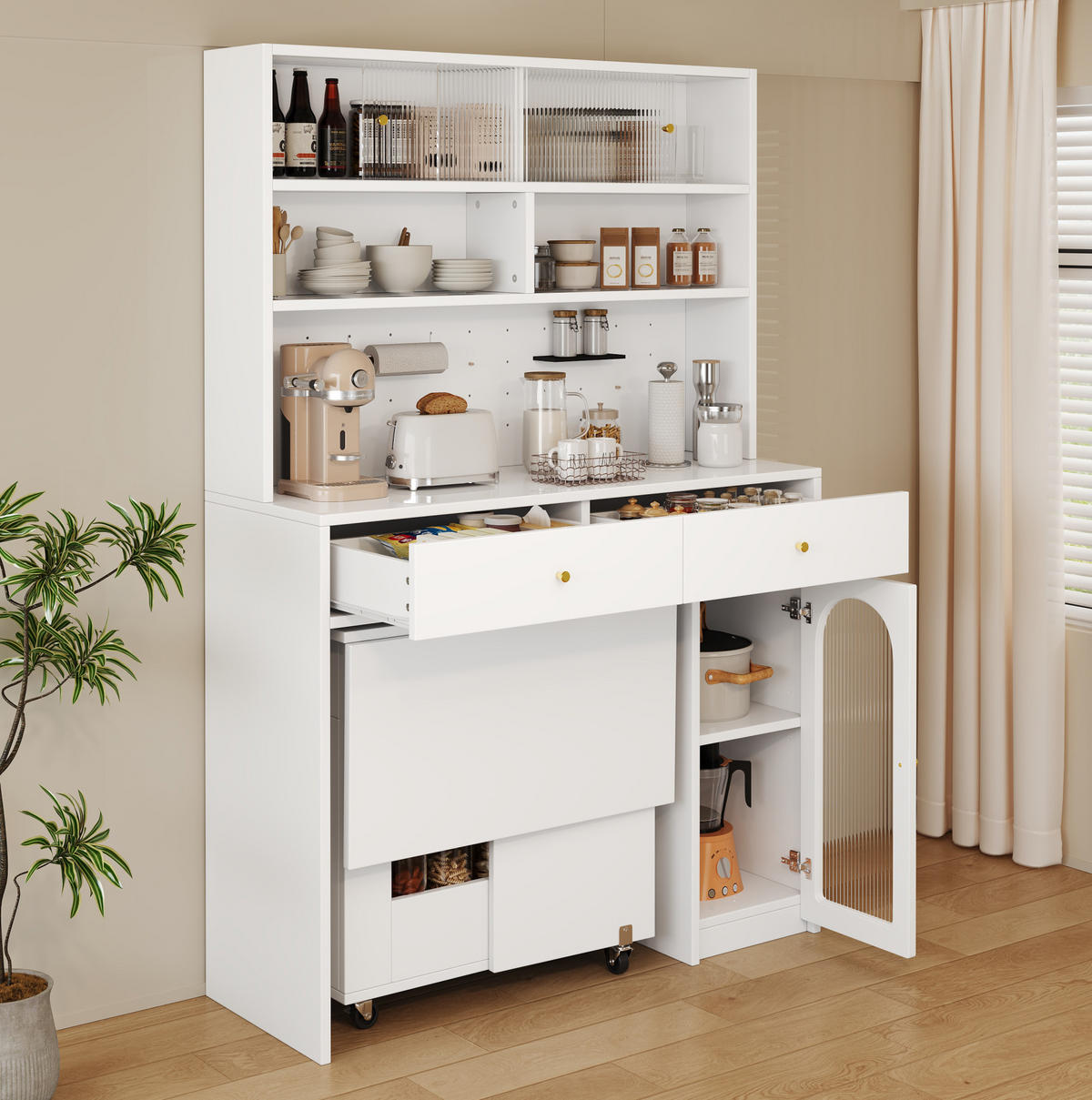 BUFFET aus MDF 120x45x180 cm Weiß mit Hakenleiste, 2 Schubladen und verstellbarem Einlegeboden - Weiß, Holzwerkstoff (120/180/45cm) - Modfu