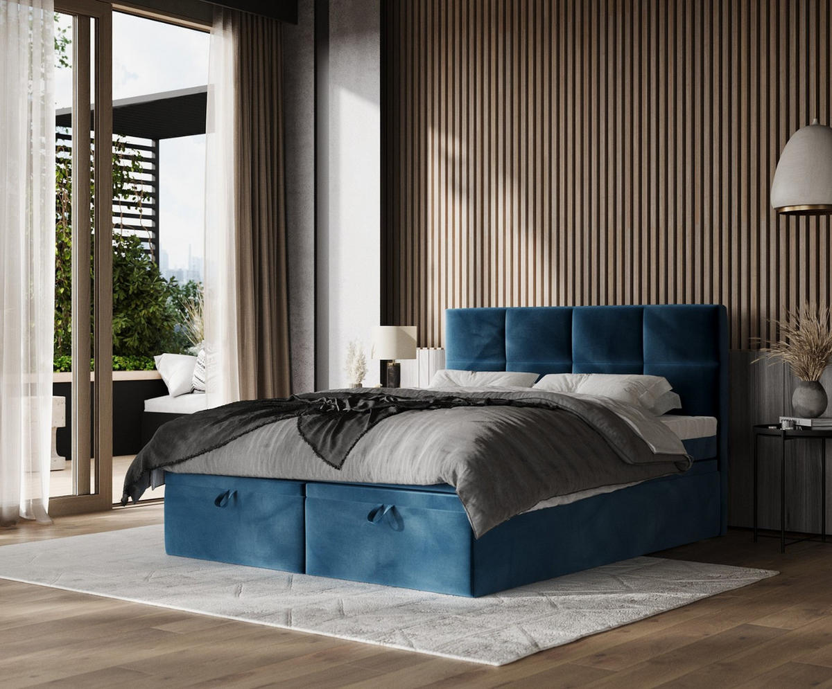 BOXBETT Tessa 200/200 cm Dunkelblau im Kronos Stoff - Schwarz/Dunkelblau, Holz/Holzwerkstoff (200/200cm) - AltaBeds