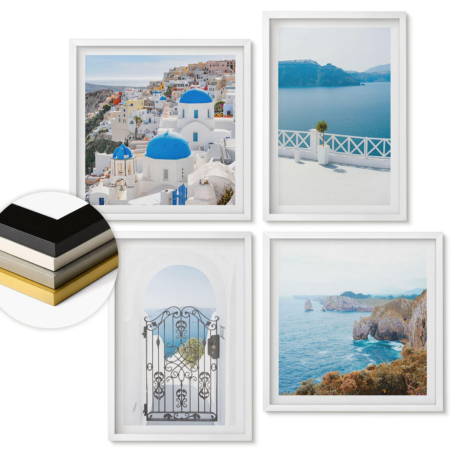 WANDBILDER 4er-Set - 50x50 cm & 40x60 cm Weißer Rahmen - Meeresarchitektur Griechenlands - Weiß, Kunststoff (50/50cm) - ArtPrintCave