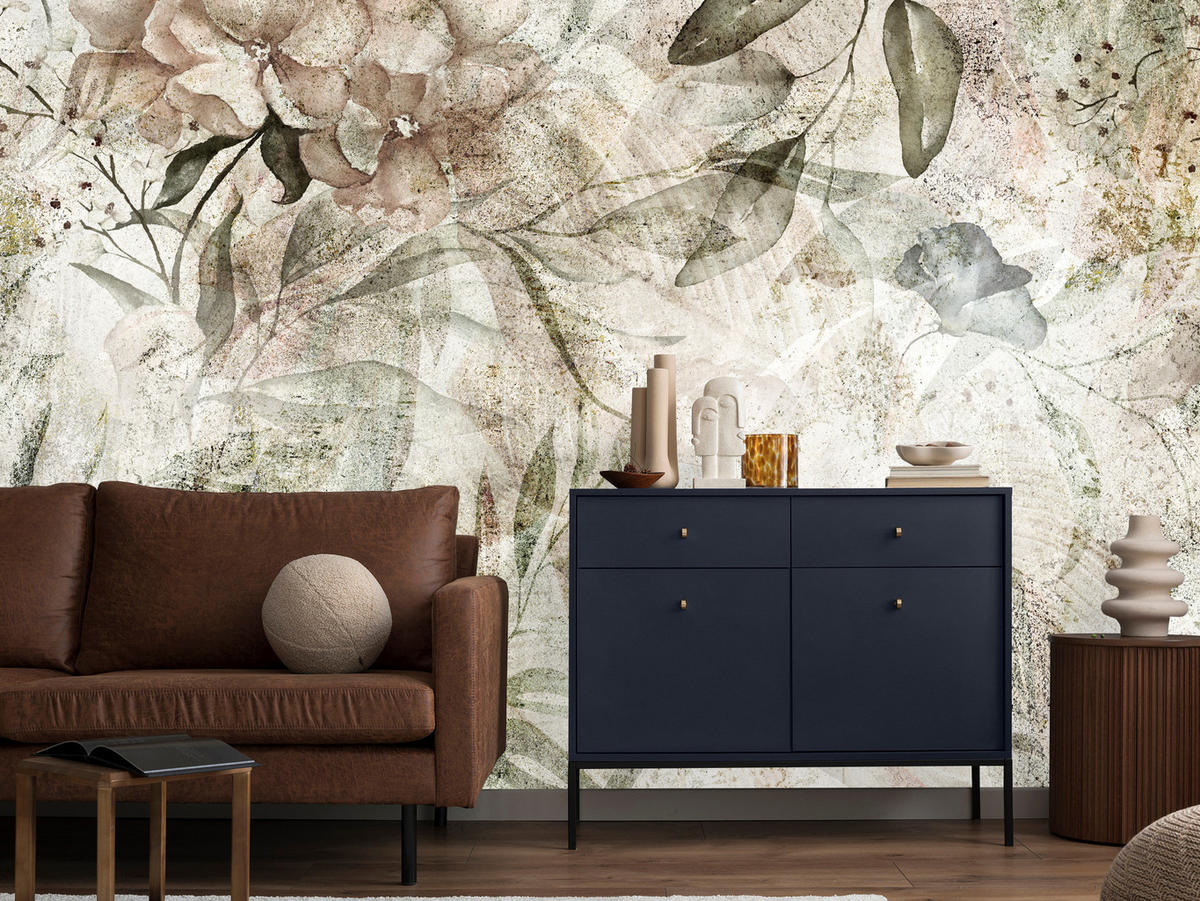 FOTOTAPETE für Schlafzimmer Retro Blumen Blätter Beton Abstrakt Vintage 200x140 - Beige/Braun, Papier (200/140cm) - Muralo