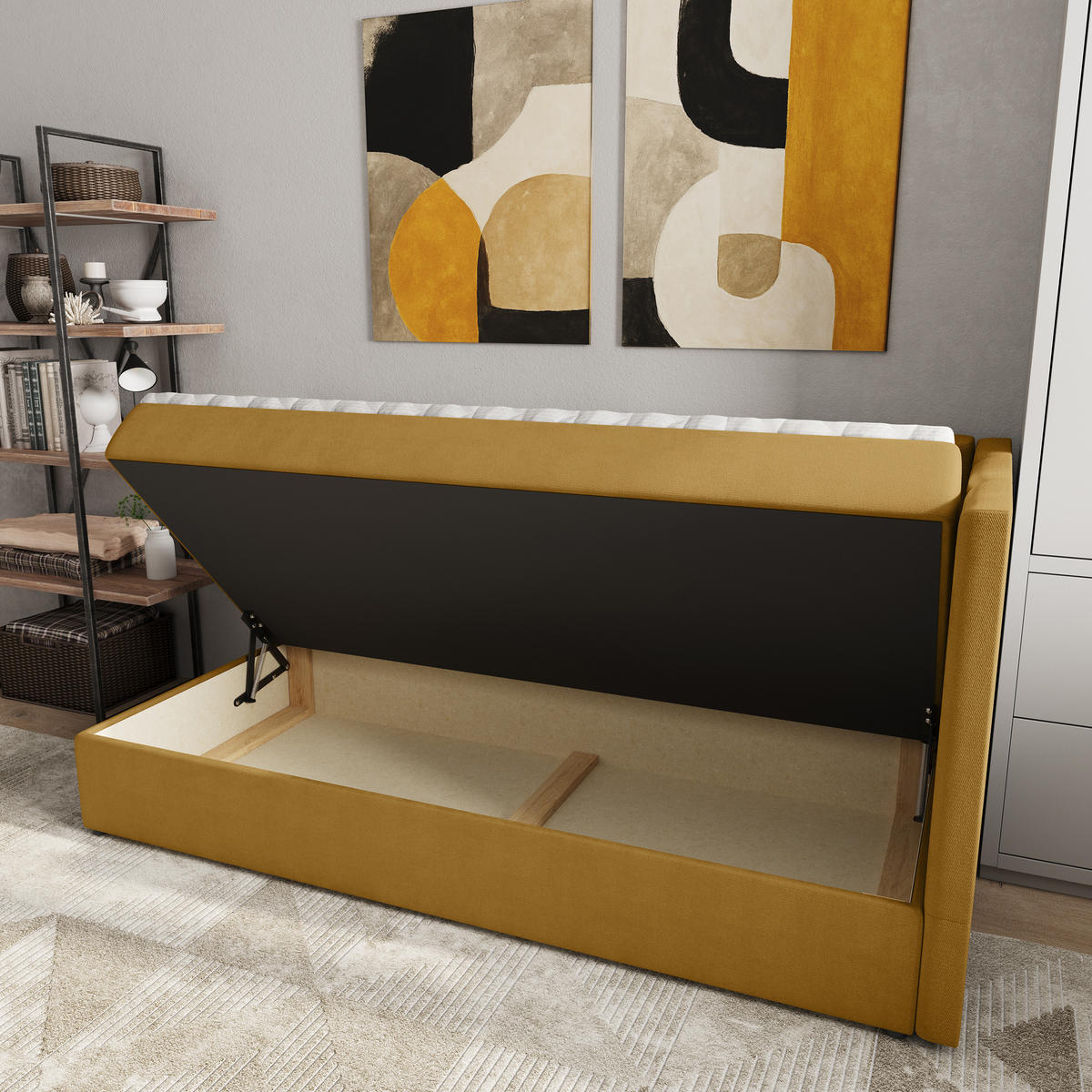 BOXBETT BEVE 80x200 cm mit Matratze und Topper, H2+H3 - Gelb - Gelb, Holz (80/200cm) - MASSENO