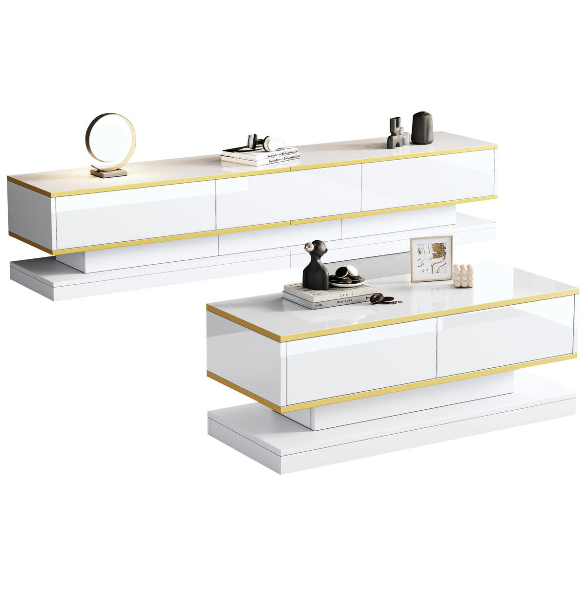 LOWBOARD TV-Schrank 200/40/40 cm & Couchtisch 100/50/38 cm in Weiß - Weiß, Holzwerkstoff (200/40/40cm) - Flora Grace