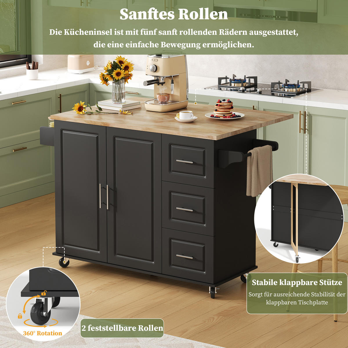 KÜCHENINSEL 137x76x92cm Schwarz mit Klappplatte, Schrank, 3 Schubladen & Rollen - Schwarz, Holzwerkstoff (137/92/76cm) - Modfu