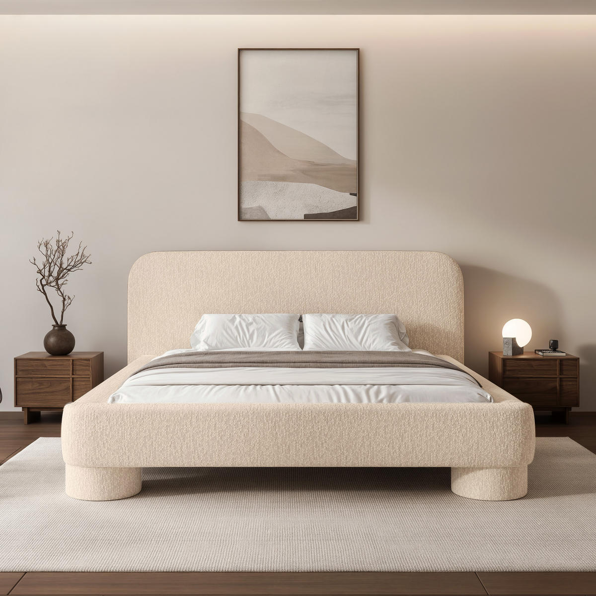 POLSTERBETT Frederico 180x200 cm Ecru Chenille – (Doppelbett mit Bettkasten, Lattenrost, rundes Kopfteil) - Ecru, Holz/Holzwerkstoff (180/200cm) - Ravio