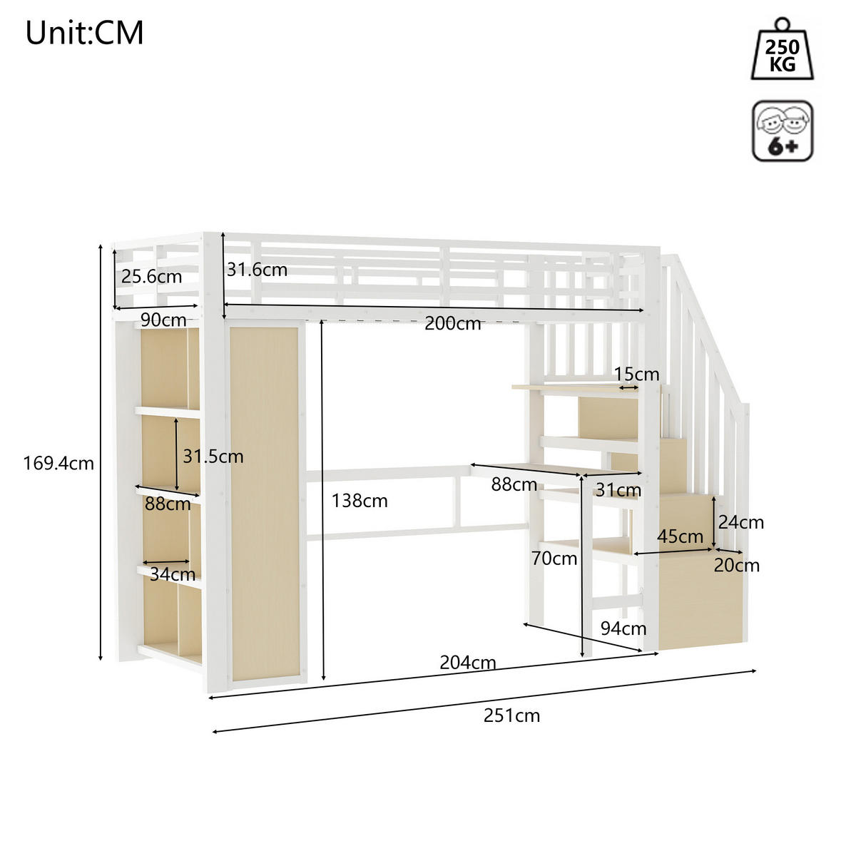 HOCHBETT aus Metall und MDF 90x200 cm Weiß mit Schreibtisch, Stauraumtreppe und LED-Beleuchtung - Weiß, Metall (90/200cm) - IVMEU