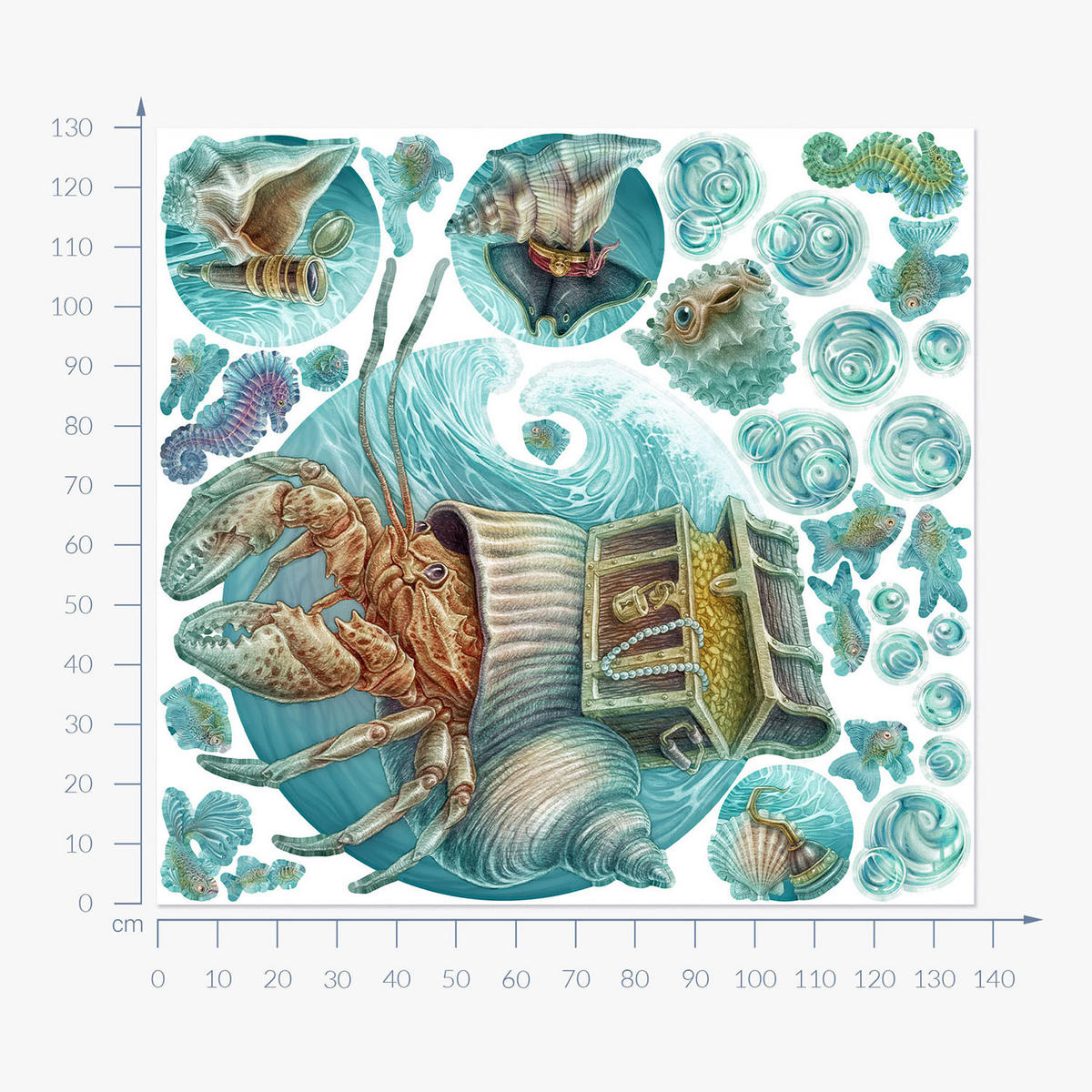 WANDAUFKLEBER 130x137cm - Krabbenwelt - Multicolor, Kunststoff (130/137/0.1cm) - Wallfluent