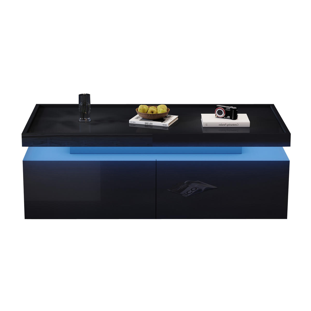 COUCHTISCH 95/45/35 cm mit LED-Beleuchtung, 2 Schubladen und halboffener Ablage, Hochglanz-Spanplatte, Schwarz - Schwarz, Holzwerkstoff (95/45/35cm) - Redom