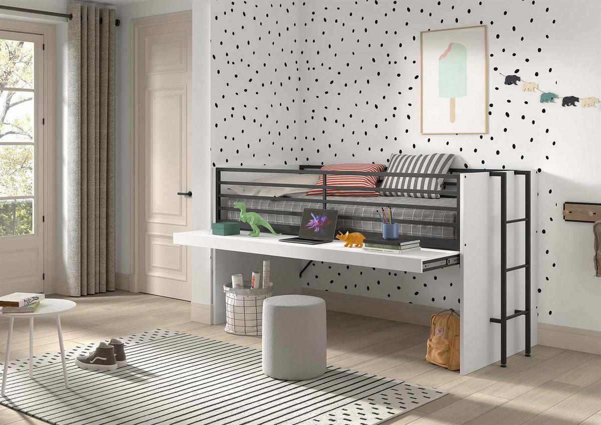 HALBHOCHBETT 90x200 Keelia Weiß mit Schreibtisch Stauraum Set - Weiß, Kunststoff - 58aufmkessel