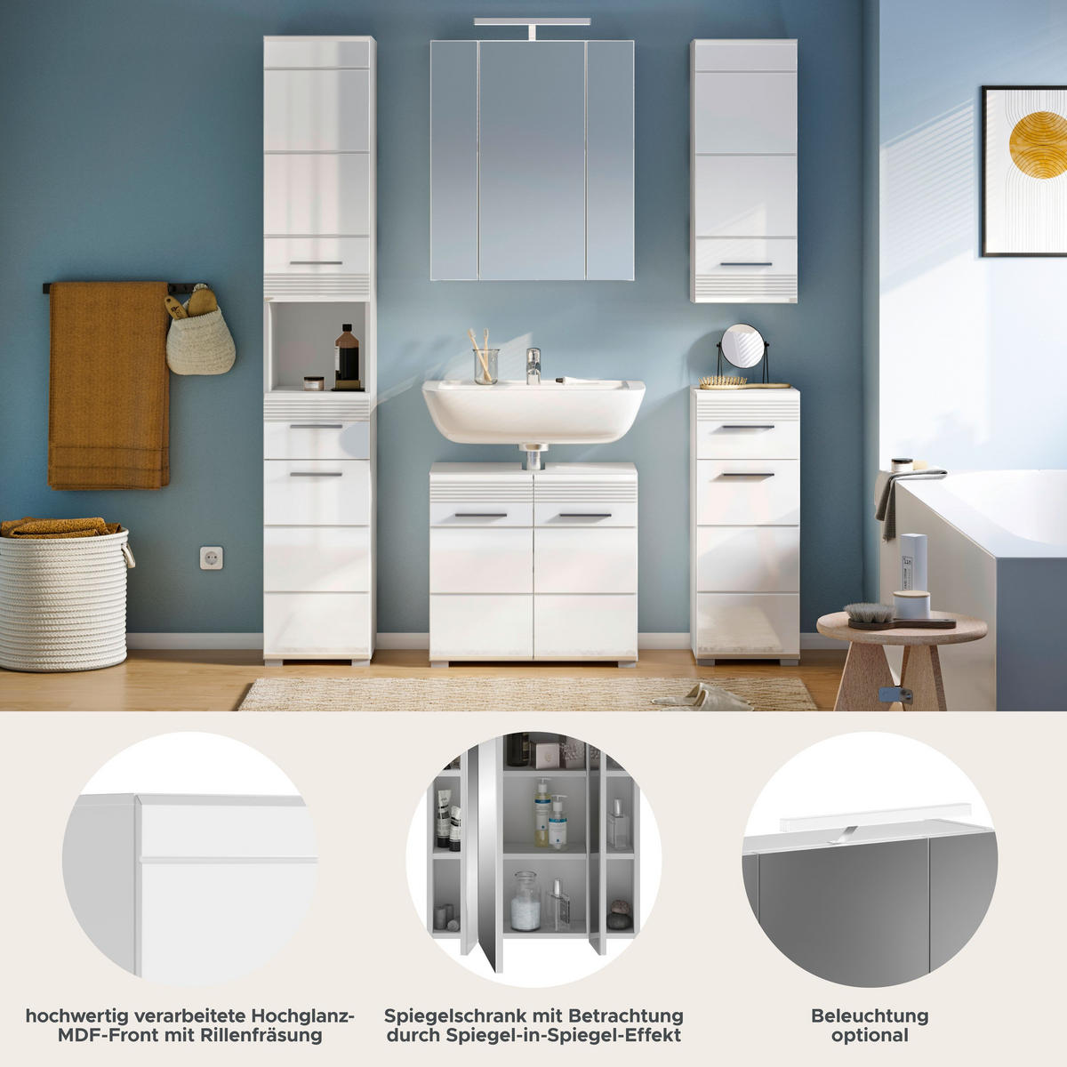 BADMÖBEL Set Linus 5tlg. Bad Kombination inkl. Beleuchtung (B/H/T: 151x182x34 cm) - Weiß, Holz (151/182/34cm)