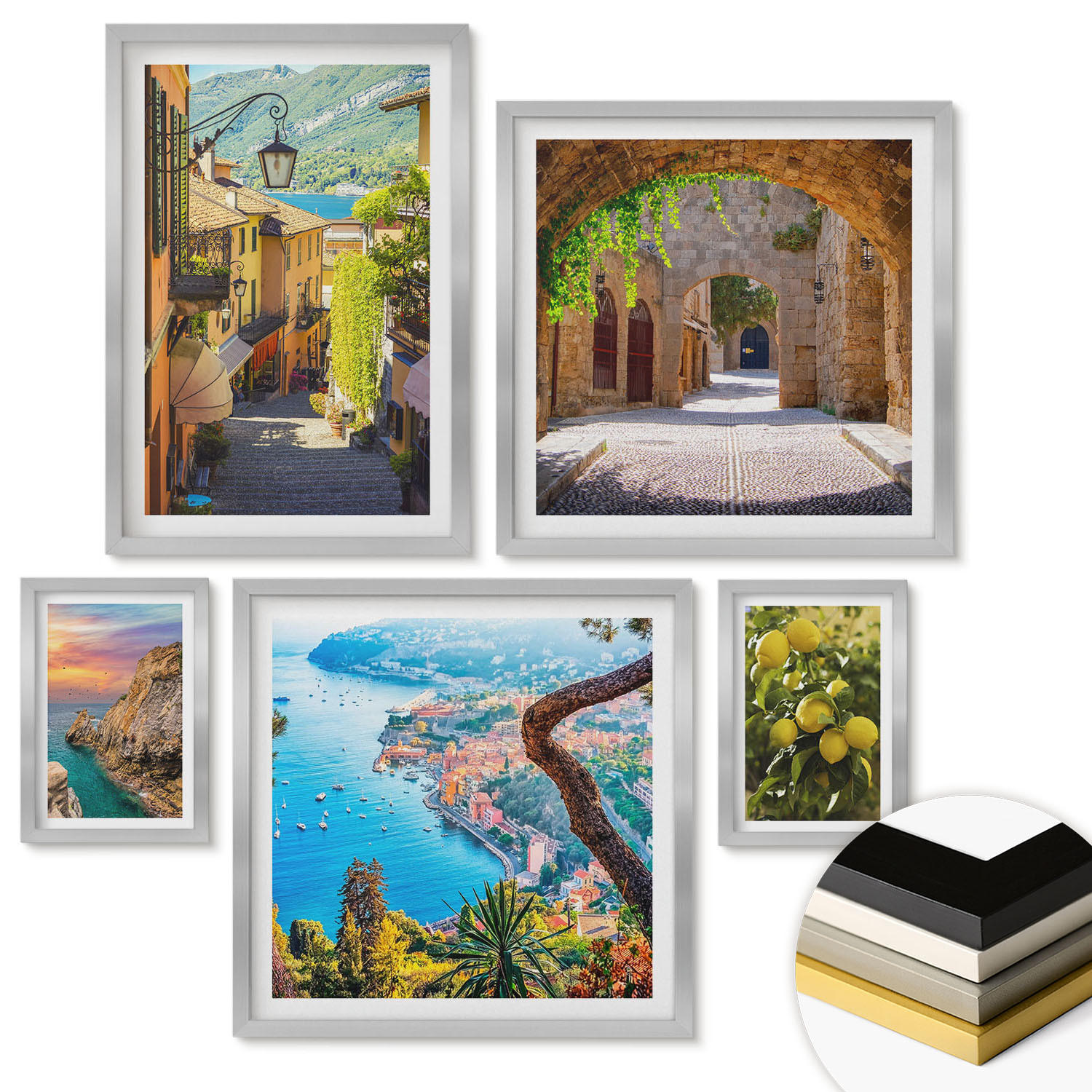 WANDBILDER 5er Set - 50x50 cm & 20x30 cm & 40x60 cm Silberner Rahmen - Bezaubernde Straßen voller Zitronenblüten - Silberfarben, Kunststoff (40/60cm) - ArtPrintCave