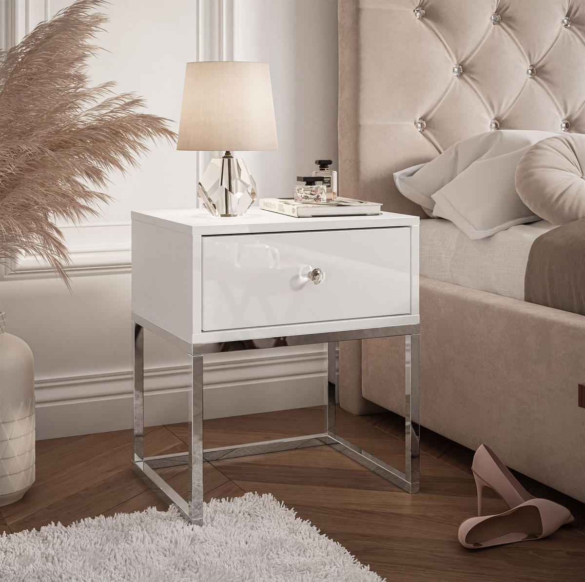 NACHTTISCH BLANCO GLAMOUR Weiß Hochglanz auf verchromtem Gestell Kristallgriff - Weiß Hochglanz, Holzwerkstoff (45/53/36.6cm) - Lookway