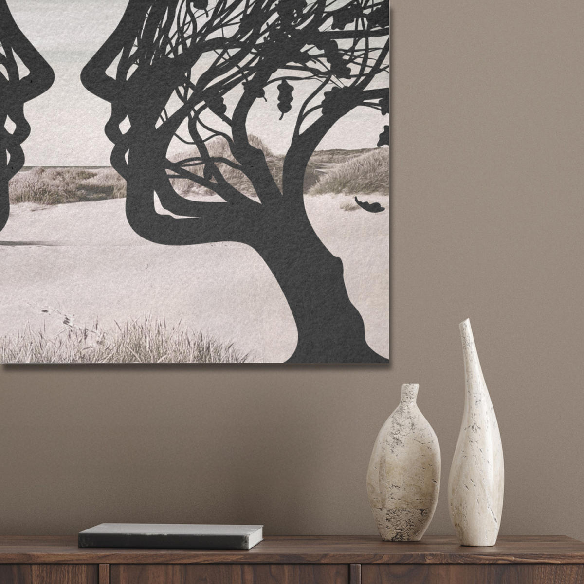 AKUSTIKPANEEL Strand - Meer - Menschen - Baum - Moderne Kunst 60x80 cm - Hellgrau, Textil (60/0.9/80cm) - MuchoWow