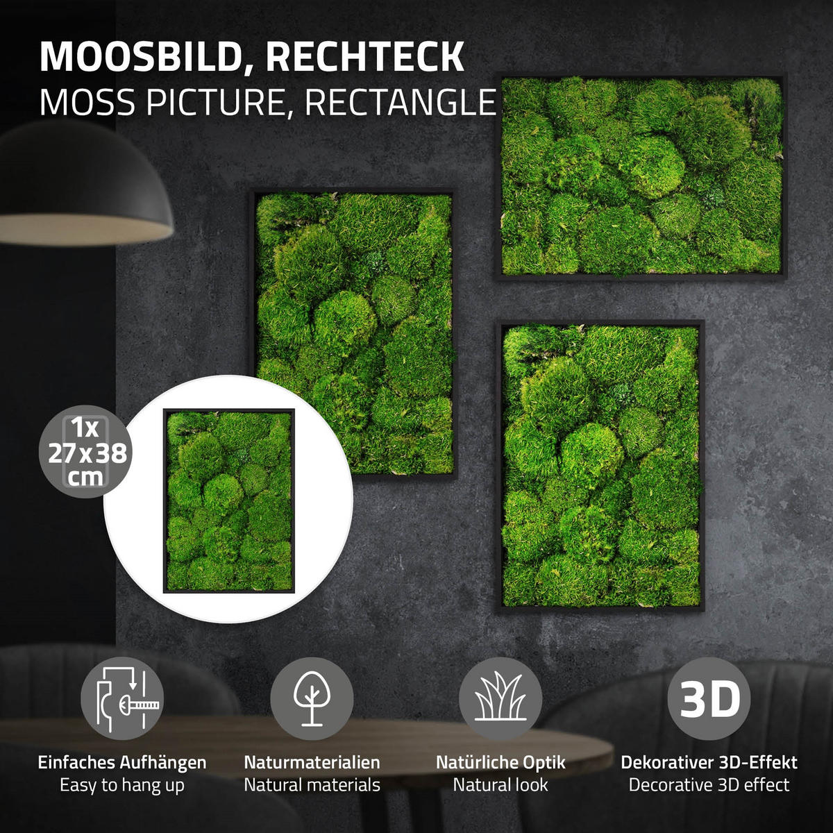 MOOSBILD Rechteck 38 x 27 cm Mooswand Indoor mit Echtem Kugelmoos und Holzrahmen Grün Pflegefrei - Grün, Naturmaterialien (27/38/3.5cm) - ECD-Germany