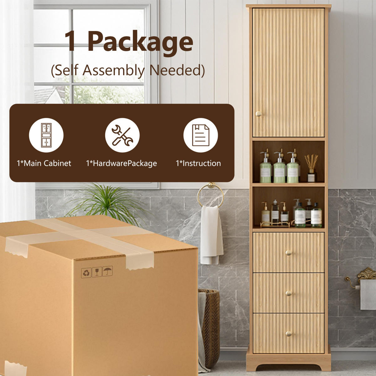 BADEZIMMER Hochschrank mit vertikalem Streifenmuster, Schubladen, offene Regalböden, Naturholzfarbe - Naturfarben, Holz (40/172/30cm) - PARAFTA HOME