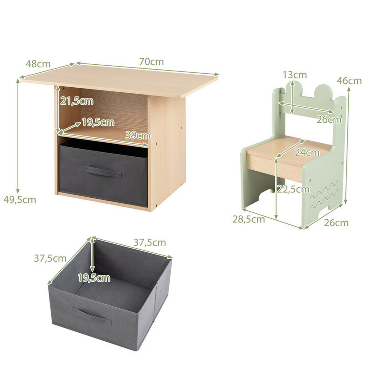 KINDERTISCH mit Stuhl grün(3-tlg) - Grün, Holzwerkstoff (70/49.5/48cm) - COSTWAY