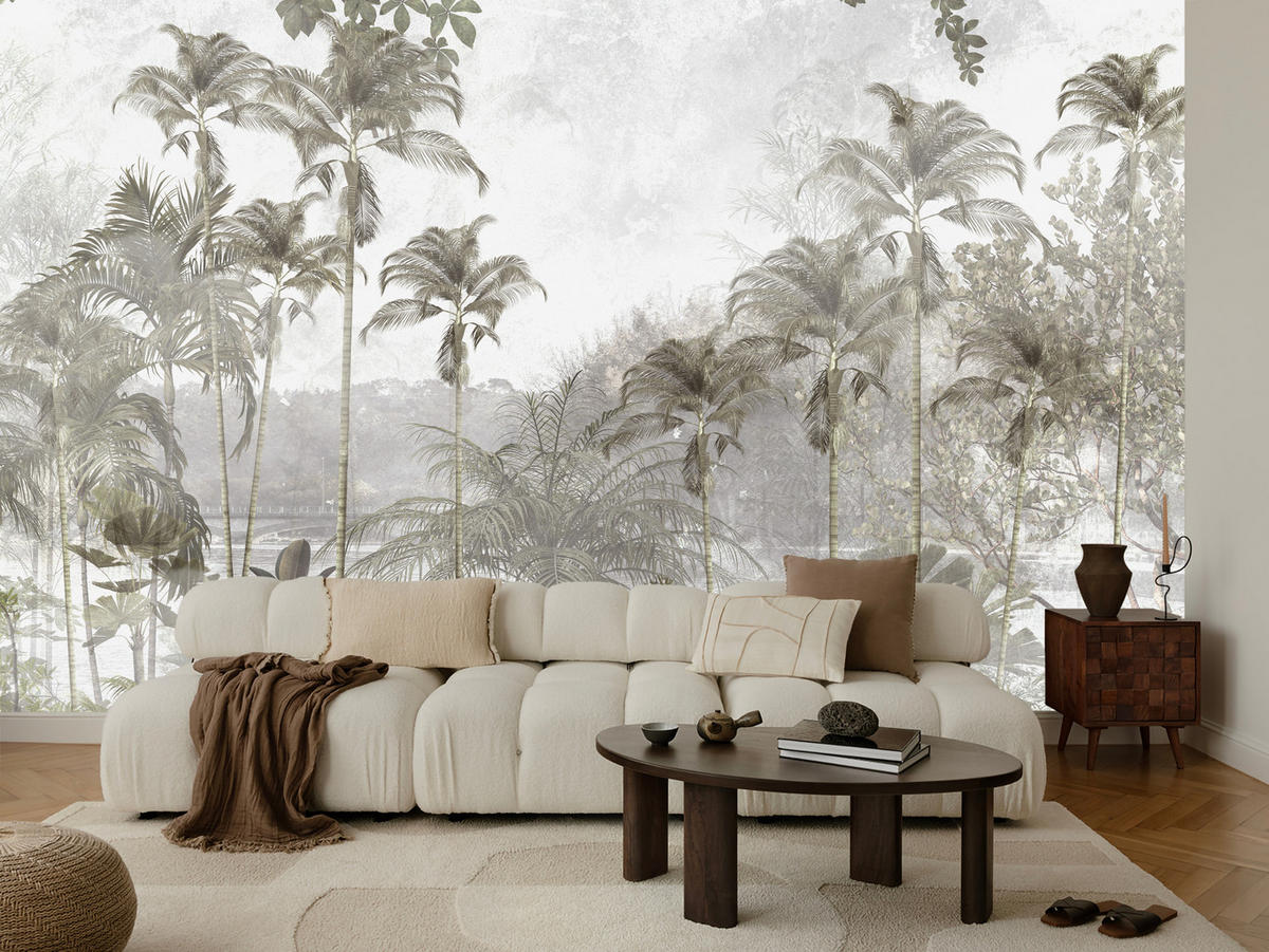 FOTOTAPETE für Wohnzimmer Tropische Bäume Fluss Grau Palmen 400x280 - Beige/Grau, Papier (400/280cm) - Muralo