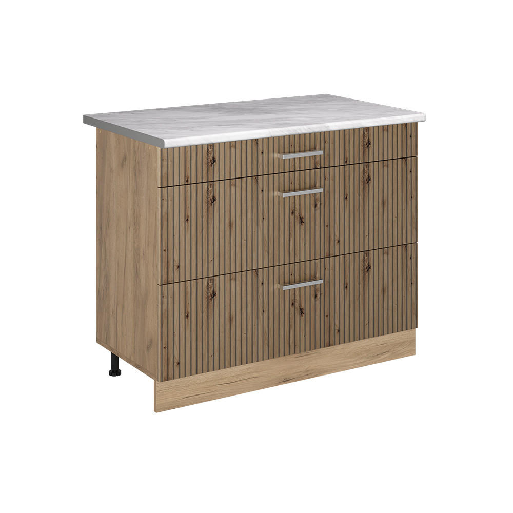 KÜCHENUNTERSCHRANK R-Line, Artisan-Eiche/Goldkraft Eiche, 100 cm Arbeitsplatte Marmor - Eichefarben/Eiche Artisan, Holzwerkstoff (100/81.6/60cm) - Vicco