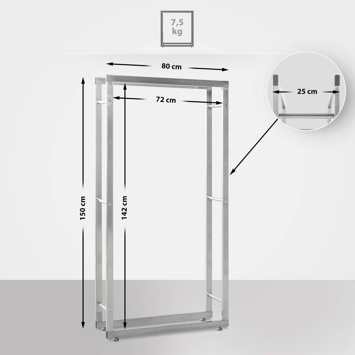 KAMINHOLZREGAL innen Metall SATLO| Edelstahl, 25x80x150cm - Edelstahlfarben, Metall (150/80/25cm) - DELUKE