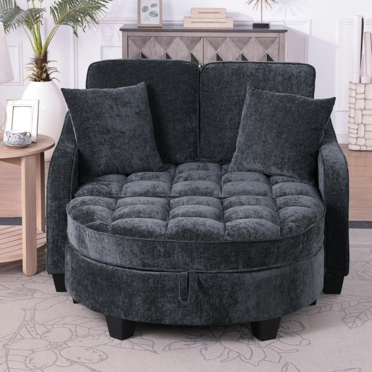 SCHLAFSOFA 2-in-1 mit Hocker und Stauraum, Schwarz - Schwarz, Holz (132/93/129cm)