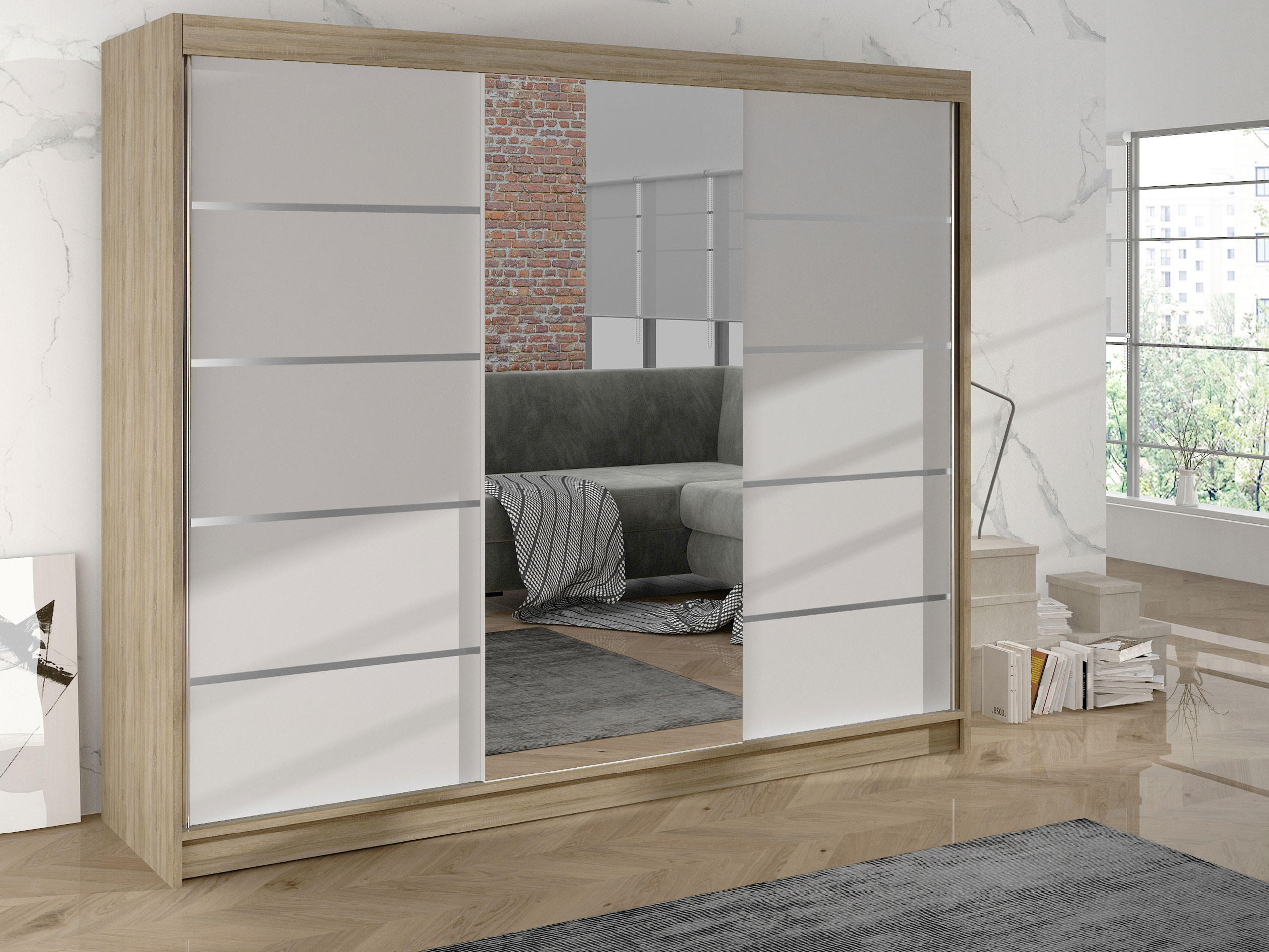 SCHWEBETÜRENSCHRANK Derby VI - Naturfarben, Holzwerkstoff/Metall (200/215/58cm) - MIRJAN24