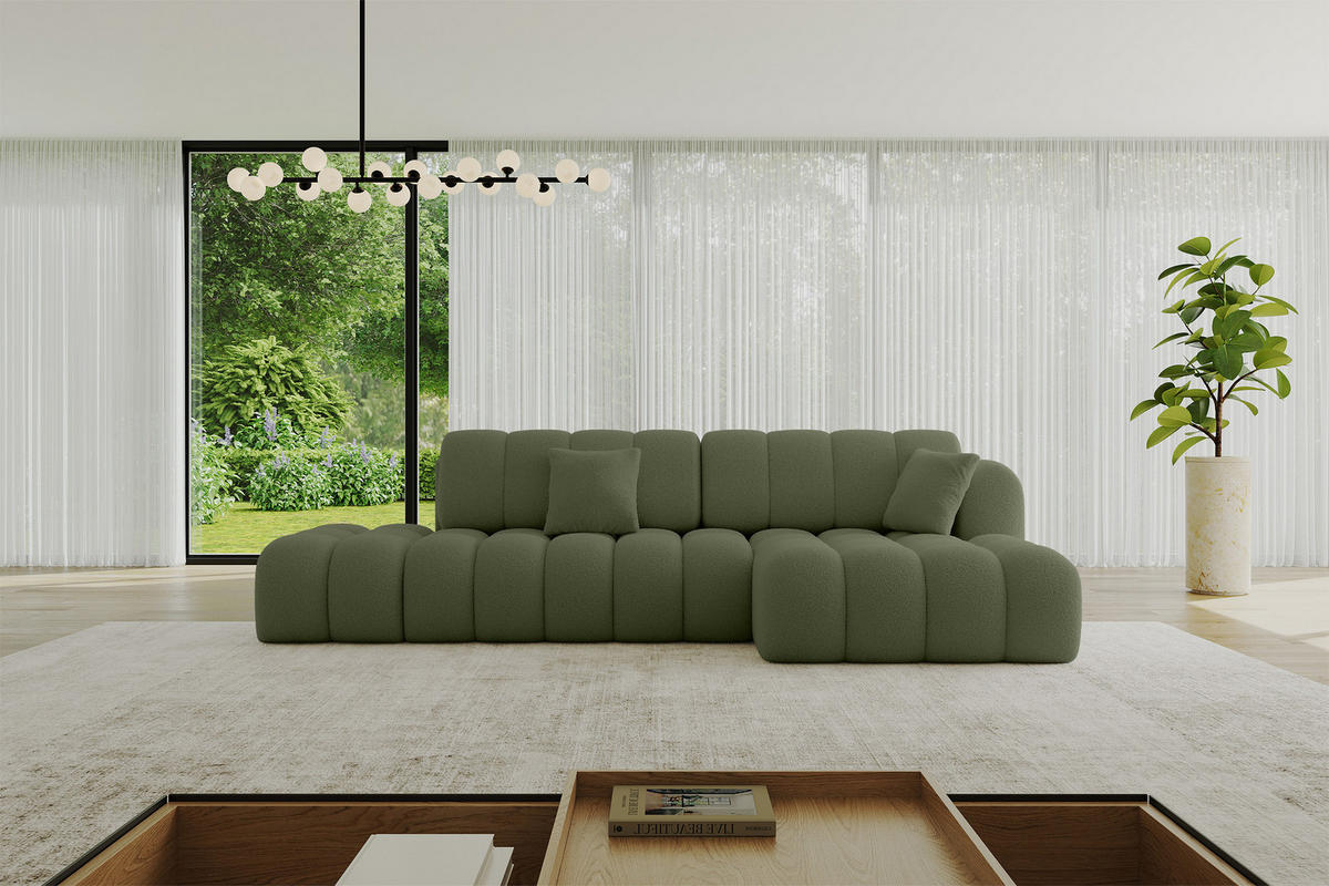 ECKSOFA mit Schlaffunktion Ottomane RECHTS OLEA-L2 321x164x75 Grün Bouclé - Schwarz/Grün, Holzwerkstoff/Kunststoff (164/321cm) - ALTDECOR