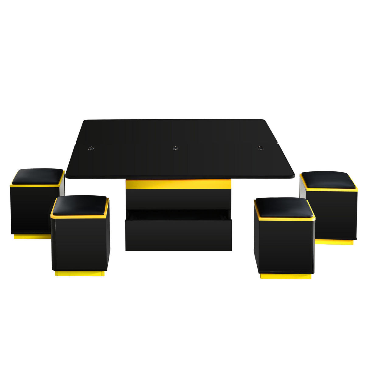 COUCHTISCH 100/50/43 cm höhenverstellbar und klappbar aus MDF und Holzwerkstoff mit Stauraum und 4 Hockern, Schwarz/Gelb - Schwarz, Holzwerkstoff (100/50/43cm) - Modfu