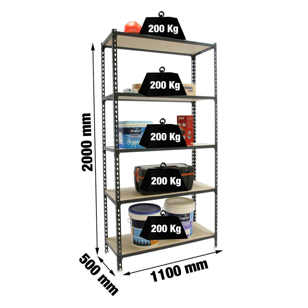 SCHWERLASTREGAL Big Muli HxBxT 200 x 110 x 50 cm 5 Fachböden Fachlast 200 kg Anthrazit - Anthrazit, Metall (110/200/50cm) - PROREGAL