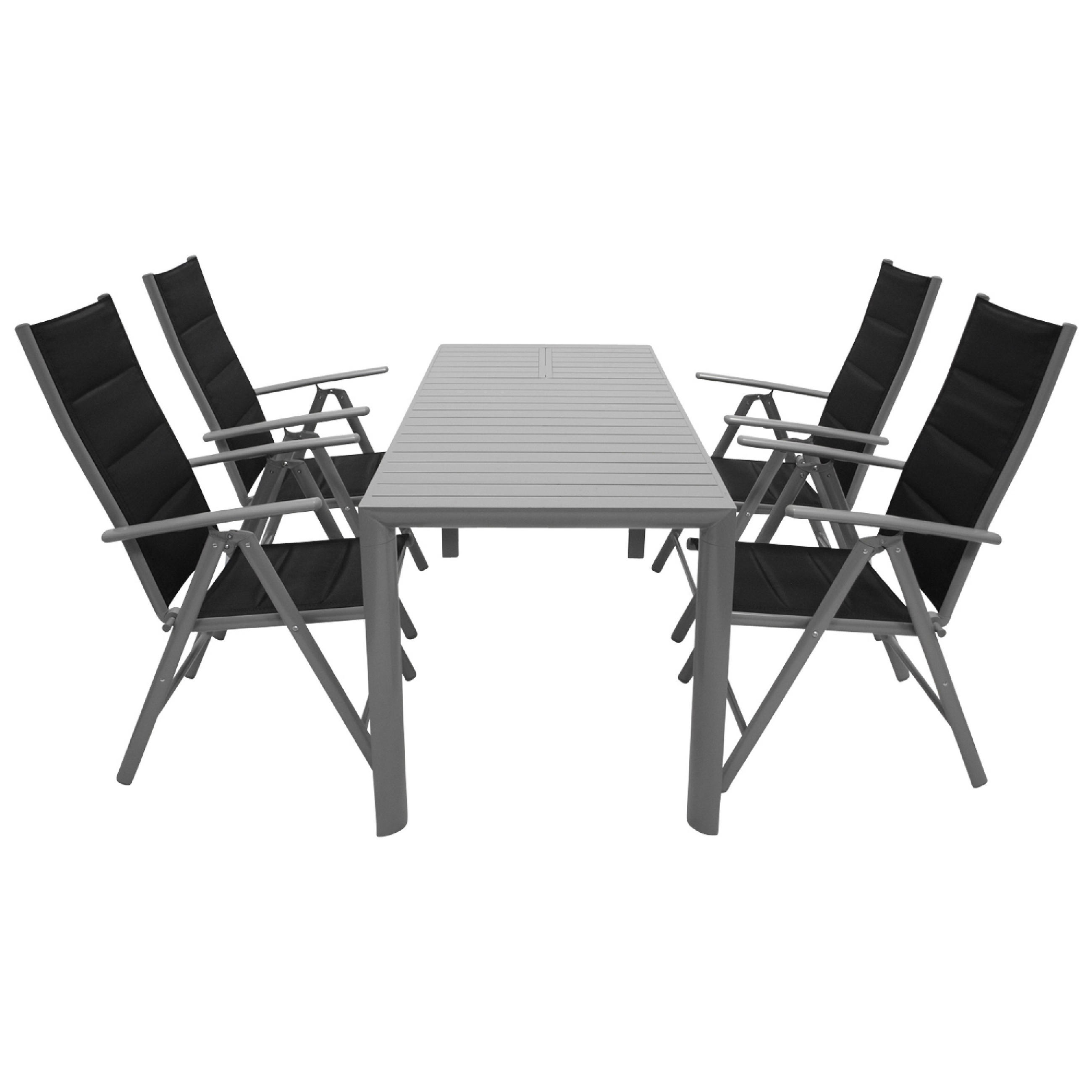 GARTEN-GARNITUR Ashford - 5-teilige Garten-Essgruppe (4x Klappsessel, Aluminium silbergrau + Textilgewebe gepolstert schwarz - Grau, Metall - TPFGarden