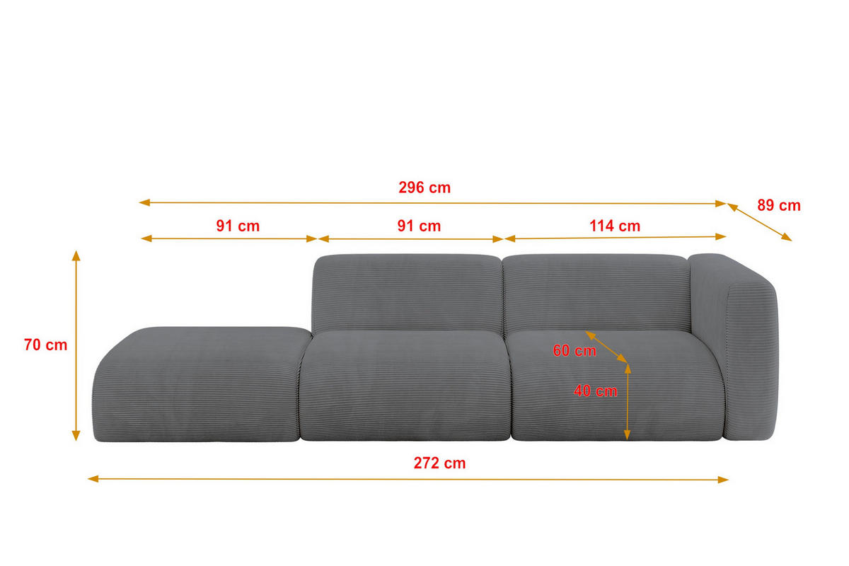 SOFA Ottomane Rechts MIRA-S3 296x89x70 Dunkelgrau Cord - Dunkelgrau/Schwarz, Holzwerkstoff/Kunststoff (296/70/89cm) - ALTDECOR