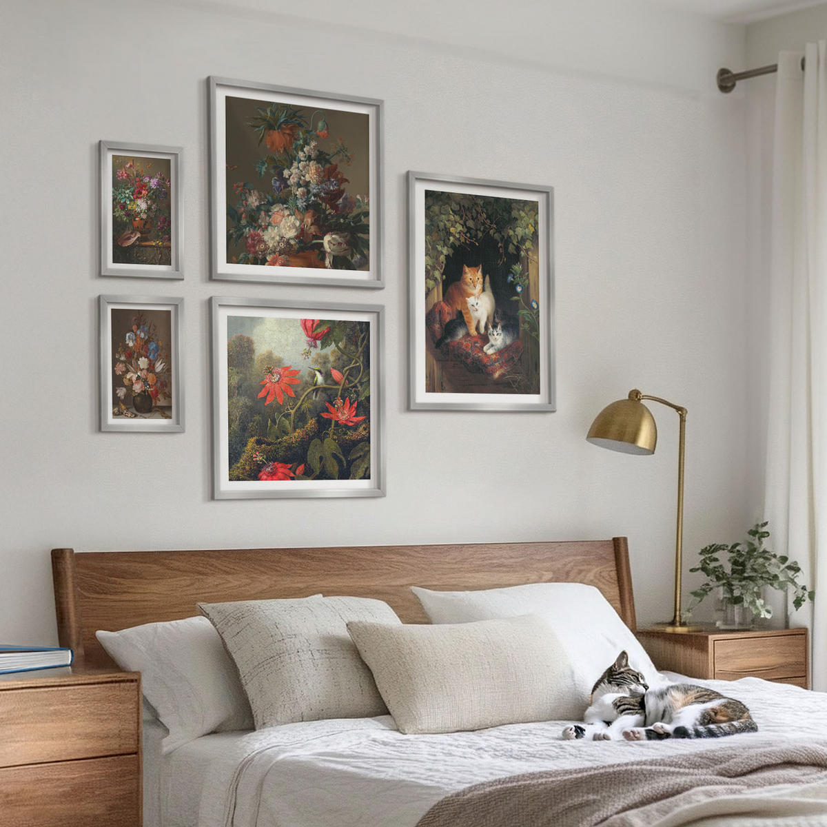 WANDBILDER 5er Set - 50x50 cm & 20x30 cm & 40x60 cm Silberner Rahmen - Vintage-Blumen, Katzen, Pflanzen - Silberfarben, Kunststoff (40/60cm) - ArtPrintCave