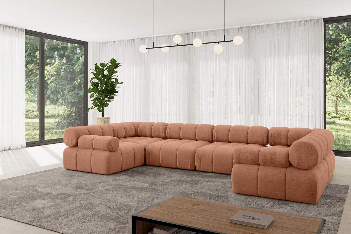 WOHNLANDSCHAFT modulares Sofa Birno-U2 - 380x190x70 cm Apricot Velours - Koralle, Holzwerkstoff/Textil (380/70/190cm) - ALTDECOR