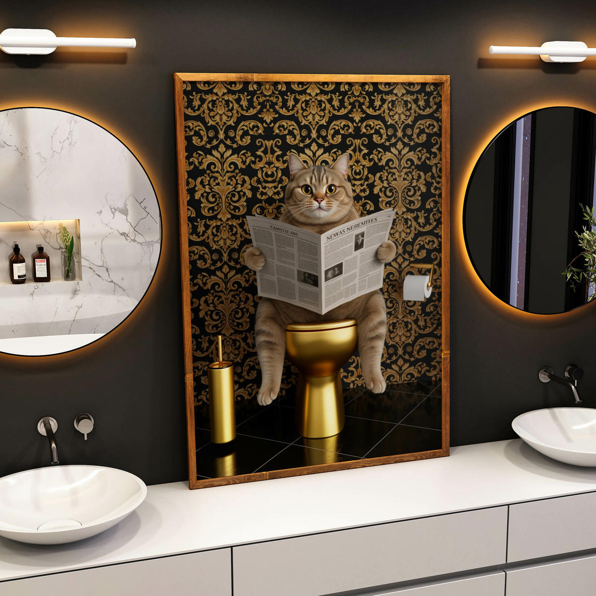 POSTER für Badezimmer WC KATZE auf Toilette mit Zeitung Glamour Abstraktion 20x30cm - Gelb/Beige, Papier (20/30/30cm) - Muralo