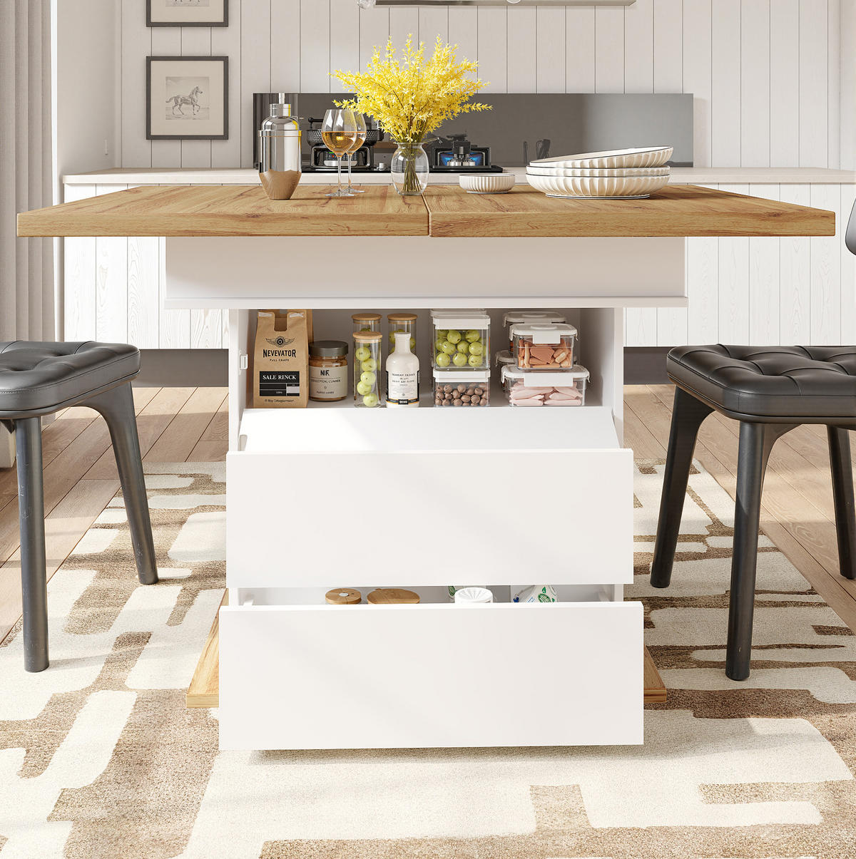 ESSTISCH aus MDF 110-140x80x75 cm Natur/Weiß ausziehbar mit Stauraum und Soft-Close-Klappe - Weiß, Holzwerkstoff (140/80/75cm) - Modfu